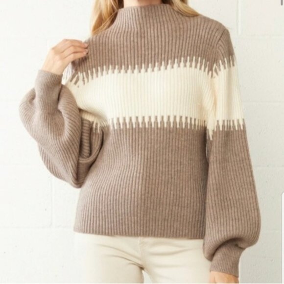 Nordstrom Mocha & Cream Mock Neck Ribbed Puff Sleeve Knit Sweater Soft size M - Picture 3 of 11